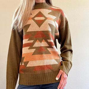 Southwestern Patterned Mock Neck Sweater with a Green and Brown Color Scheme